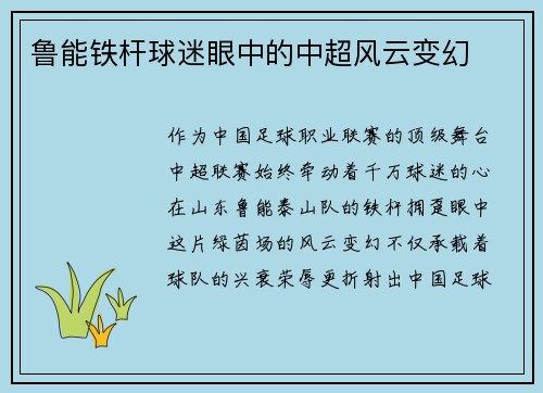鲁能铁杆球迷眼中的中超风云变幻