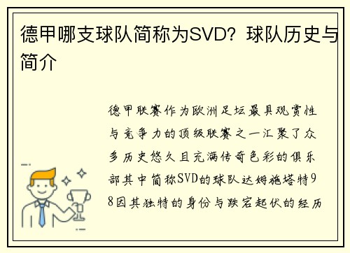 德甲哪支球队简称为SVD？球队历史与简介