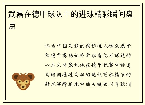 武磊在德甲球队中的进球精彩瞬间盘点